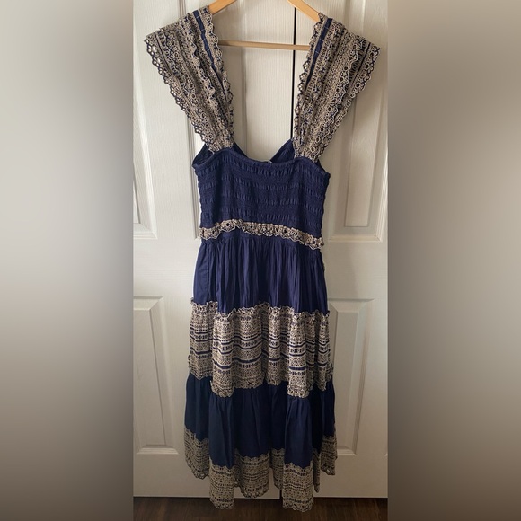 Sea New York Marley Navy Organic Cotton Pleated Tiered Eyelet Lace Midi Dress M - Picture 4 of 11